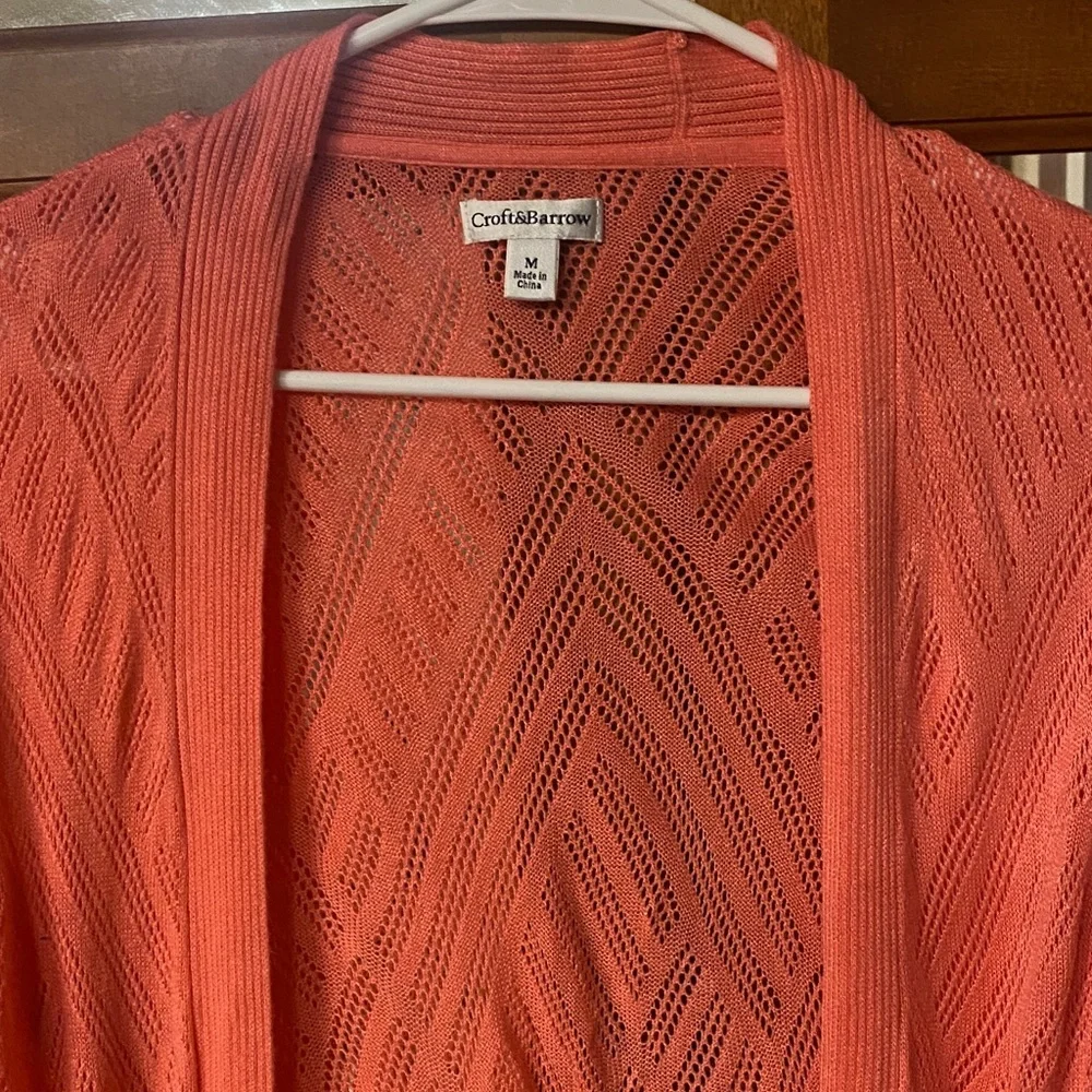 Croft & Barrow Vibrant Coral Size Medium Open Knit Cardigan Spring - Picture 3 of 9